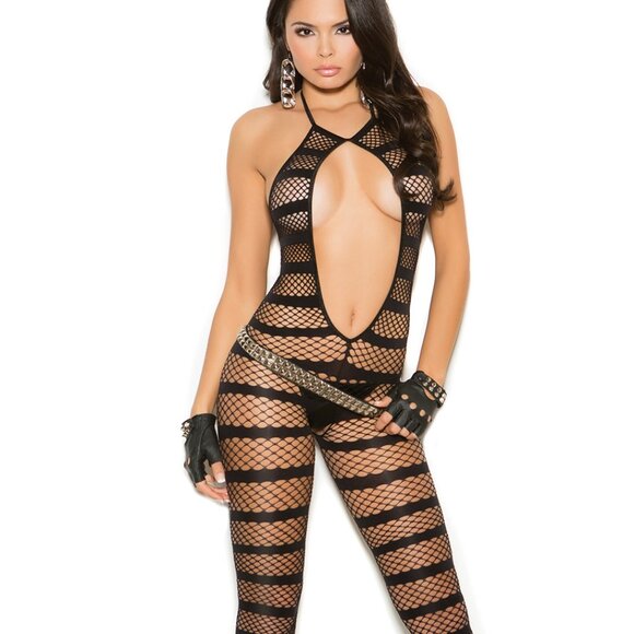 Black Opaque and Diamond Net Striped Bodystocking - Picture 1 of 7